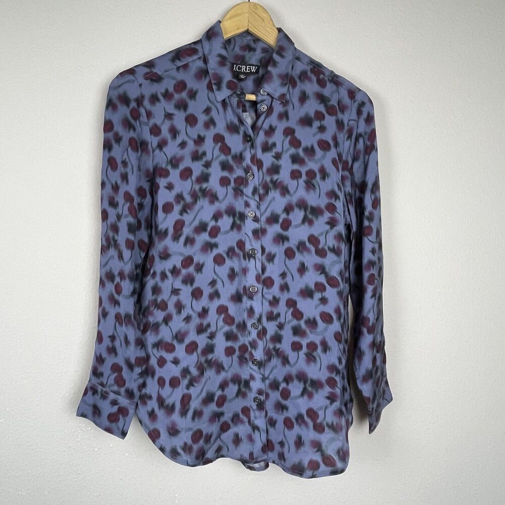 J.Crew XS Blurred Cherries Button-Down Shirt – Blue, Preppy Classic